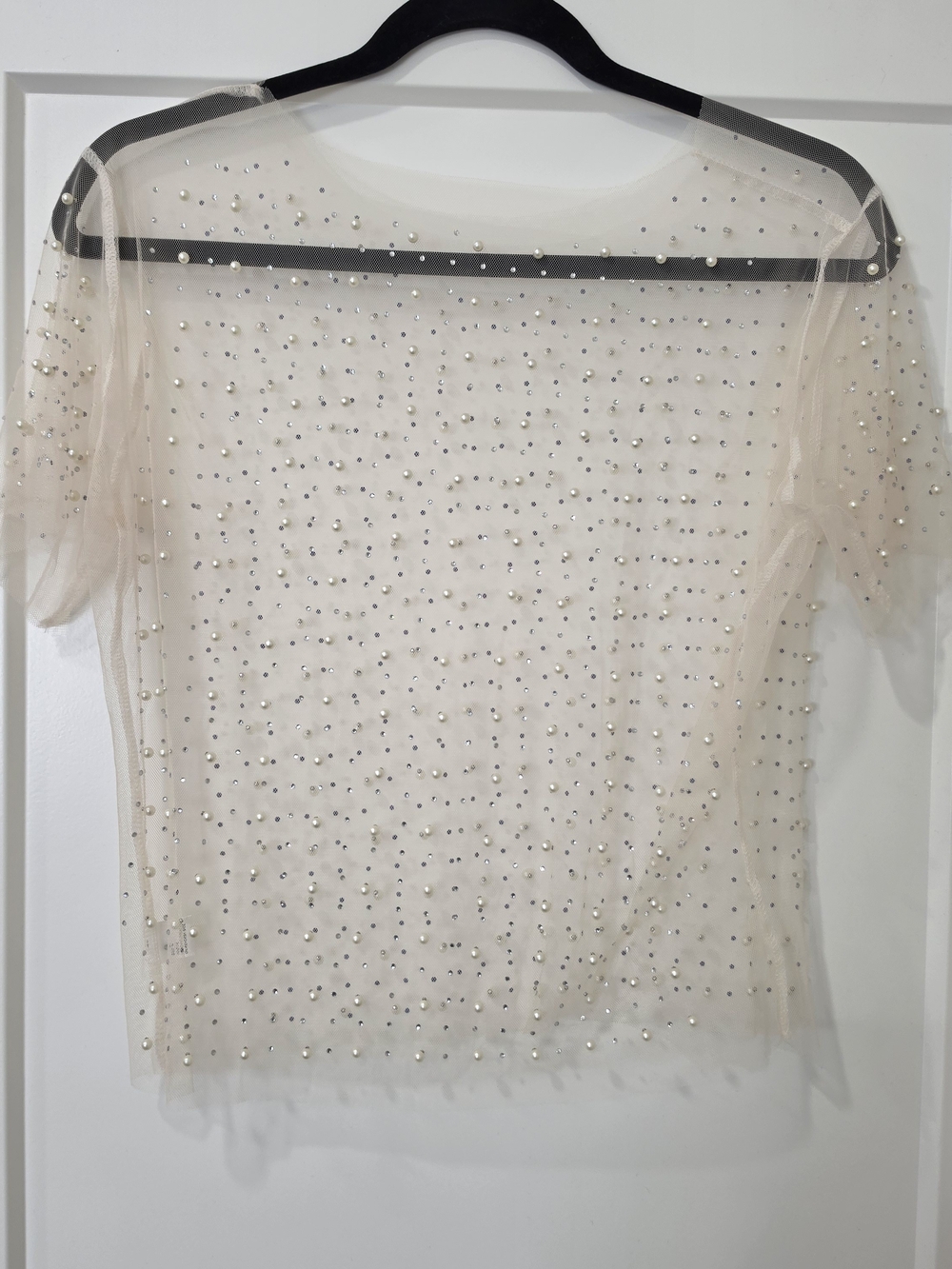 Sheer Embellished Nude Beaded Short Sleeve Top